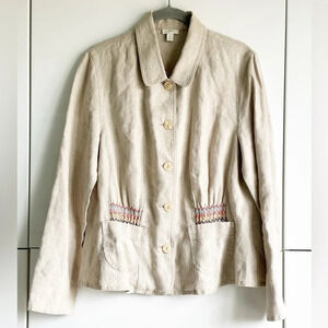 J. Jill Linen Jacket Blazer Size Small Embroidered Multicolor Natural Lagenlook